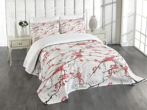 ABAKUHAUS Natur Tagesdecke Set, Windy April Wetter, Set mit Kissenbezügen Mit Digitaldruck, für Doppelbetten 220 x 220 cm, Schwarz Korallenrot von ABAKUHAUS