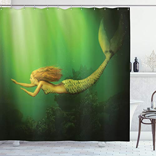 ABAKUHAUS Ozean Duschvorhang, Mermaid mit Fish Tail, Stoffliches Gewebe Badezimmerdekorationsset mit Haken, 175 x 220 cm, Dark Green Ginger Grün von ABAKUHAUS