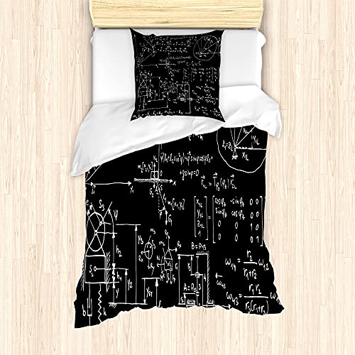 ABAKUHAUS Physik Bettbezug Set für Einzelbetten, Mechanische Formel skizziertes, Milbensicher Allergiker geeignet mit Kissenbezug, 135 cm x 200 cm - 80 x 80 cm, Charcoal Grau Weiß von ABAKUHAUS