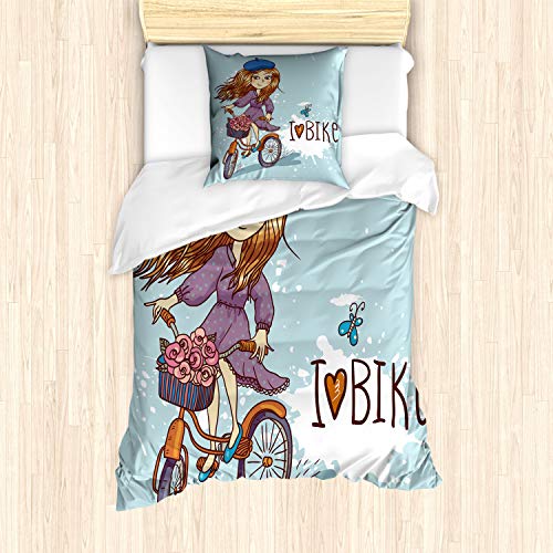 ABAKUHAUS Retro Bettbezug Set, Karikatur-Mädchen mit Fahrrad, Milbensicher Allergiker geeignet mit Kissenbezügen, 135 cm x 200 cm - 80 x 80 cm, Lila Grau und Weiß von ABAKUHAUS
