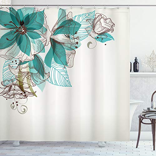 ABAKUHAUS Retro Duschvorhang, Blumen-Knospen Blatt, Stoffliches Gewebe Badezimmerdekorationsset mit Haken, 175 x 240 cm, Teal Hellgrün von ABAKUHAUS