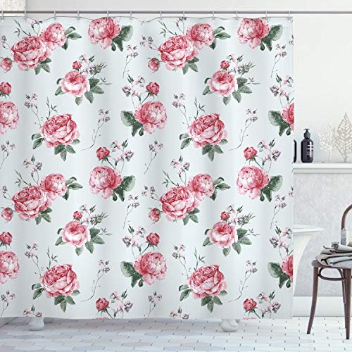 ABAKUHAUS Rose Duschvorhang, Rosa Blüten-Englisch Flora, Stoffliches Gewebe Badezimmerdekorationsset mit Haken, 175 x 240 cm, Reseda Grün von ABAKUHAUS