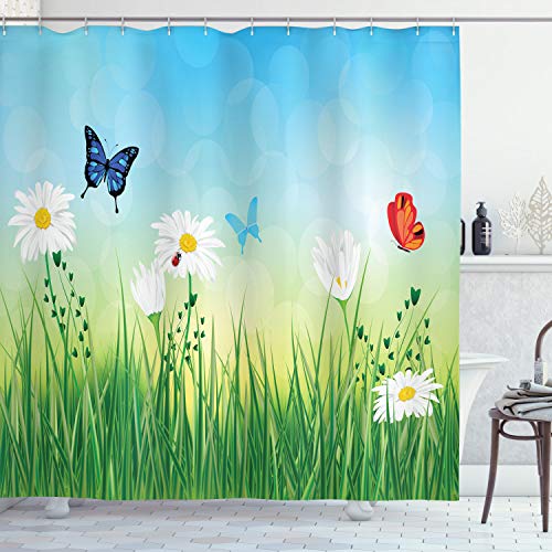 ABAKUHAUS Sommer Duschvorhang, Wiese Gänseblümchen Gras, Stoffliches Gewebe Badezimmerdekorationsset mit Haken, 175 x 220 cm, Mehrfarbig von ABAKUHAUS