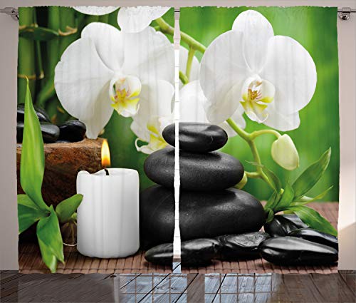 ABAKUHAUS Spa Rustikaler Gardine, Orchideen Zen Steine Natur, Schlafzimmer Kräuselband Vorhang mit Schlaufen und Haken, 280 x 260 cm, Weiß Anthrazit grau Grün von ABAKUHAUS