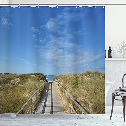 ABAKUHAUS Strand Pathway Duschvorhang, Ruhige Blick auf den Strand, Stoffliches Gewebe Badezimmerdekorationsset mit Haken, 175 x 240 cm, Beige Grün Blau von ABAKUHAUS