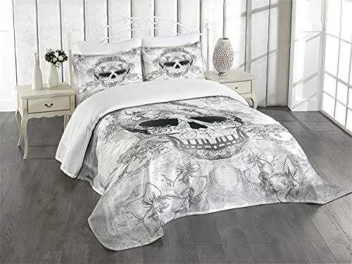 ABAKUHAUS Tag der Toten Tagesdecke Set, Oriental Paisley, Set mit Kissenbezug Weicher Stoff, für Einzelbetten 170 x 220 cm, Hellgrau Weiß von ABAKUHAUS