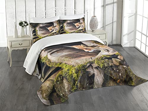 ABAKUHAUS Tier Tagesdecke Set, Natur Wilder Fox Forest, Set mit Kissenbezügen Sommerdecke, für Doppelbetten 220 x 220 cm, Mehrfarbig von ABAKUHAUS