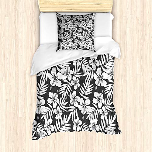 ABAKUHAUS Tropisch Bettbezug Set, Exotische Hibiskus-Blume, Milbensicher Allergiker geeignet mit Kissenbezügen, 135 cm x 200 cm - 80 x 80 cm, Grau und Weiß von ABAKUHAUS