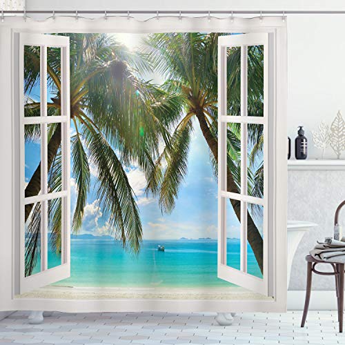 ABAKUHAUS Tropisch Duschvorhang, Fenster zum exotischen Strand, Stoffliches Gewebe Badezimmerdekorationsset mit Haken, 175 x 240 cm, Mehrfarbig von ABAKUHAUS