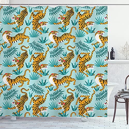 ABAKUHAUS Tropical Duschvorhang, Tiger Urwald Wald Exotischen, Stoffliches Gewebe Badezimmerdekorationsset mit Haken, 175 x 240 cm, Blasses Türkis Ringelblume von ABAKUHAUS