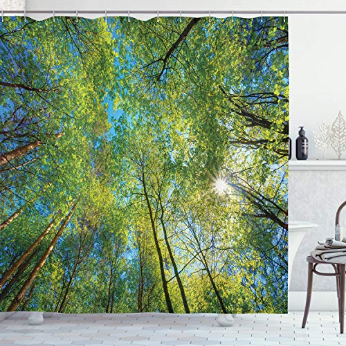ABAKUHAUS Wald Duschvorhang, Willow Flora in der Natur, Stoffliches Gewebe Badezimmerdekorationsset mit Haken, 175 x 240 cm, Grün von ABAKUHAUS