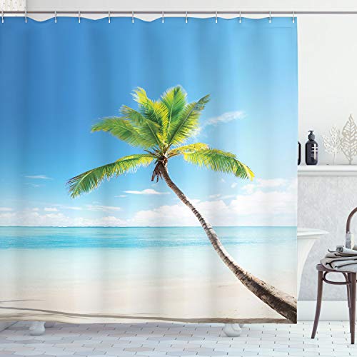 ABAKUHAUS Wendekreis Duschvorhang, Palmen auf der Karibik, Stoffliches Gewebe Badezimmerdekorationsset mit Haken, 175 x 240 cm, Beige Grün Blau von ABAKUHAUS