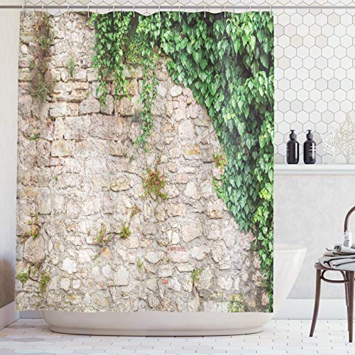 ABAKUHAUS Ziegelwand Duschvorhang, Im Alter von Old Wall Grün Ivy, Stoffliches Gewebe Badezimmerdekorationsset mit Haken, 175 x 240 cm, Beige Farngrün von ABAKUHAUS