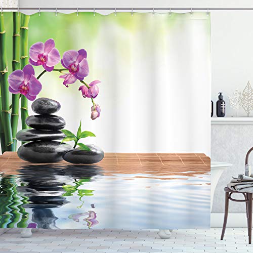 ABAKUHAUS asiatisch Duschvorhang, Spa Spring Water Gesundheit, Stoffliches Gewebe Badezimmerdekorationsset mit Haken, 175 x 220 cm, Mehrfarbig von ABAKUHAUS