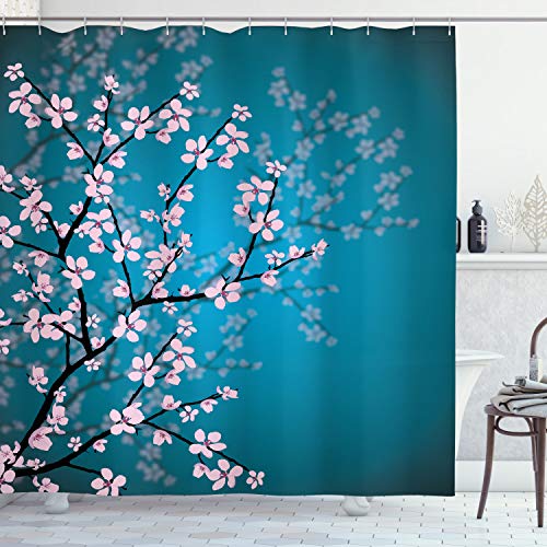 ABAKUHAUS japanisch Duschvorhang, Sakura Bloom Muster, Stoffliches Gewebe Badezimmerdekorationsset mit Haken, 175 x 240 cm, Petrol Blau Hellrosa von ABAKUHAUS
