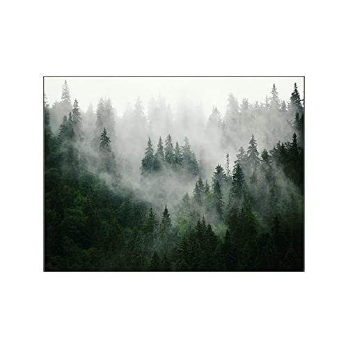 ABCWARRT Berg Nebelwald Bild Naturlandschaft Skandinavisches Poster Nordische Dekoration Landschaft Druck Wandkunst Leinwand Malerei (50 * 70cm Kein Rahmen,1) von ABCWARRT