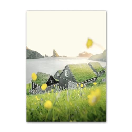 ABCWARRT Startseite Leinwandbild Frühling Grünes Feld Natürliche Landschaft Poster Pflanze Windmühle Auto Bauernhof Haus Bild Wohnzimmer Schlafzimmer Dekor (20 * 30cm Kein Rahmen,1) von ABCWARRT