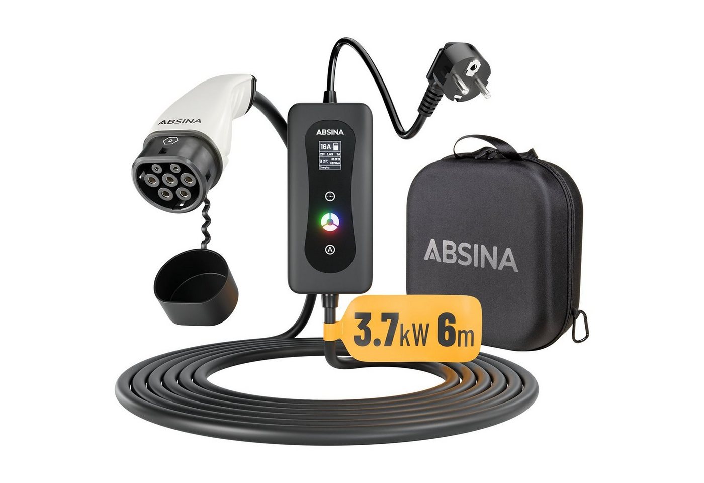 ABSINA Typ 2 Ladekabel Schuko 6 m, bis 3,7 kW & 16A, Ladeleistung einstellbar Elektroauto-Ladegerät (1-tlg) von ABSINA