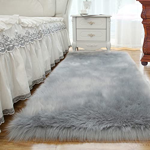 ABWXN Schaffell-Teppich, flauschig, zottelig, pelzig, Langhaar-Fleece-Teppich für Schlafzimmer, Nachttisch, Stuhl, Sofa (grau, 60 x 90 cm) von ABWXN