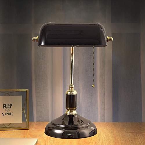 ACMHNC Bankerlampe Schwarz Vintage Tischlampe Mit Zugschalter, Schreibtischlampe Retro mit Glas Lampenschirm, Bankers lampe, Schwarz und Gold, E27 Fassung von ACMHNC