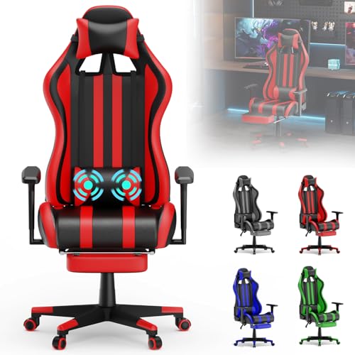 ACXIN Gaming Stuhl Computerstuhl PU Leder PC-Stuhl Bürostuhl mit Fußstütze, Lordosenstütze und Abnehmbare Kopfstütze, Ergonomisch, Verstellbar (Rot) von ACXIN