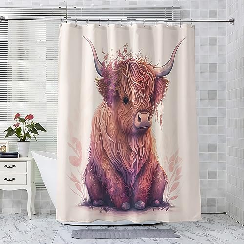 ADEIRO Duschvorhang 120x180, Duschvorhang Hochlandrind, Niedlich Kuh Duschvorhang mit 12 Plastik Haken, Badevorhang Waschbar Textil Shower Curtains für Dusche und Badewanne von ADEIRO