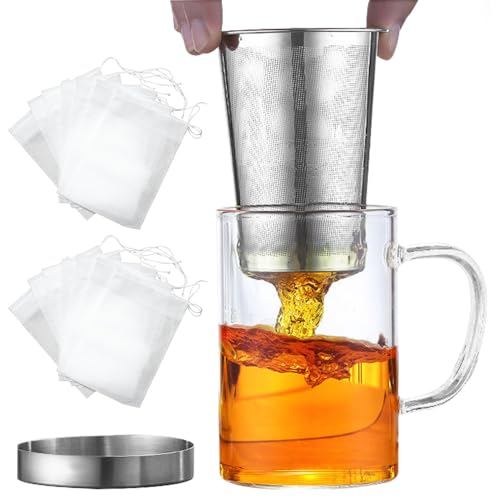 ADERTOS Teeglas mit Deckel und Sieb 500ml Glas Teebecher Teetasse mit Griff Tee Tassen Tea Cup Geschenke Glas Teebereiter Teamaker mit 100 Stück Vliesstoff Teefilterbeutel für Losen Tee Beutel Tee von ADERTOS