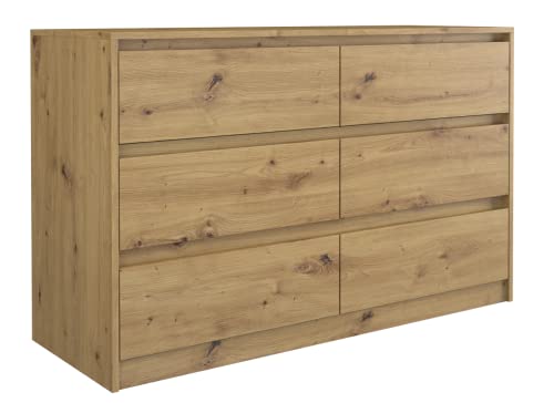 ADGO Karo K120 Kommode mit 6 Schubladen 120x75x40cm, Klassischer Schrank mit Regalen Schlafzimmer, Wohnzimmer, Kinderzimmer, Tief Freistehend Platzsparend (Versand in 2 Packs)(Artisan Eiche) von ADGO