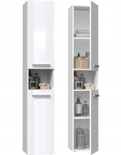 ADGO Nel I Schmaler badschrank Badschrank schmal 31 cm x 174 cm x 30 cm Badmöbel Weiss glaz Schrank für Badezimmer Minimalistisches Design 2 Türen 4 Einlegeböden von ADGO