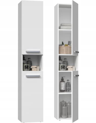 ADGO Nel I Schmaler badschrank Badschrank schmal 31 cm x 174 cm x 30 cm Badmöbel Weiss Schrank für Badezimmer Minimalistisches Design 2 Türen 4 Einlegeböden von ADGO