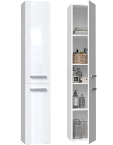 ADGO Nel II Badezimmer Bücherregal mit Langen Türen 31 cm x 174 cm x 30 cm Praktischer und eleganter Badezimmerschrank Laminatplatte Silberne Klammern (Glänzendes Weiß) von ADGO