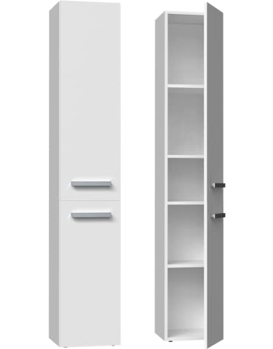 ADGO Nel II Badezimmer Bücherregal mit Langen Türen 31 cm x 174 cm x 30 cm Praktischer und eleganter Badezimmerschrank Laminatplatte Silberne Klammern (Weiß) von ADGO
