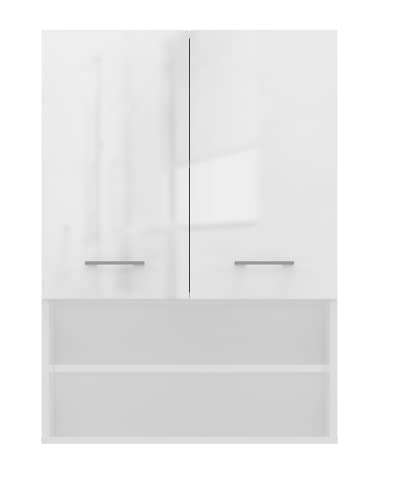 ADGO Pola Mini DK Waschmaschinen-Hängeschrank 64x90x30 cm Washing Machine Shelf Weiß Glanz Badezimmerregal Regal über Waschmaschine Zwei Türen 2 geschlossene Einlegeböden 2 offene Einlegeböden von ADGO