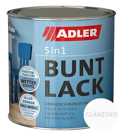 ADLER 5in1 Buntlack - Glänzend - 750 ml - für Innen und Außen - Wetterfester Lack und Grundierung für Holz, Metall & Kunststoff, RAL9016 Verkehrsweiß von ADLER