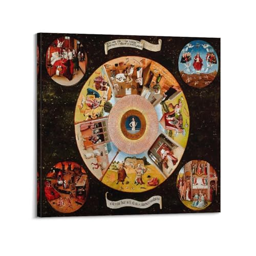 Hieronymus Bosch-Kunstwerk, Motiv: Die sieben tödlichen Sünden und die vier letzten Dinge, Kunstdruck, Wandkunst, Malerei, Leinwand, Geschenk, Dekoration, Zuhause, dekorativ, 40 x 40 cm von ADovz