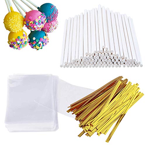 CakepopStäbchen und WrapperSet, inkl. 100 Stück 15,2 cm PapierLollipopStäbchen, 100 Stück transparente Süßigkeitenbeutel, 100 Karat Gold Twist Ties für Cakepop, Lutscher, Hartbonbons, Saugnäpfe von AENTGIU