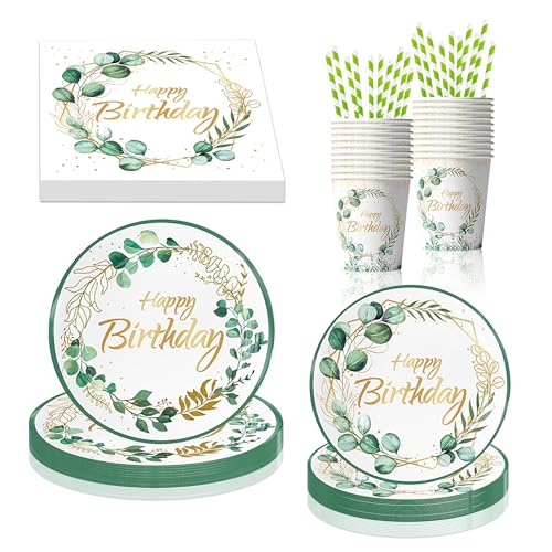 AFYHH 100Stück Partygeschirr Set Geburtstag Pappteller Kindergeburtstag Servietten Pappbecher Strohhalme Papier Einwegbesteck Geburtstag Tischdeko Happy Birthday Servietten Deko Essgeschirr von AFYHH