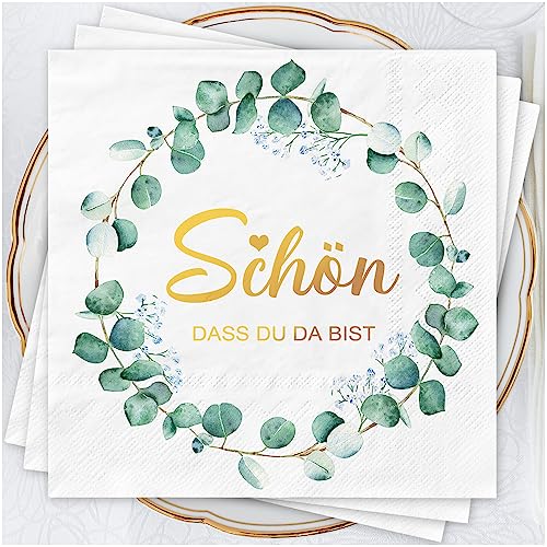 AFYHH 100Stück Servietten Hochzeit Geburtstag Eukalyptus Grün Konfirmation Kommunion Happy Birthday Napkins Tischdekoration Taufe Decor Servietten Schön Dass Du Da Bist Weiß Papierservietten von AFYHH