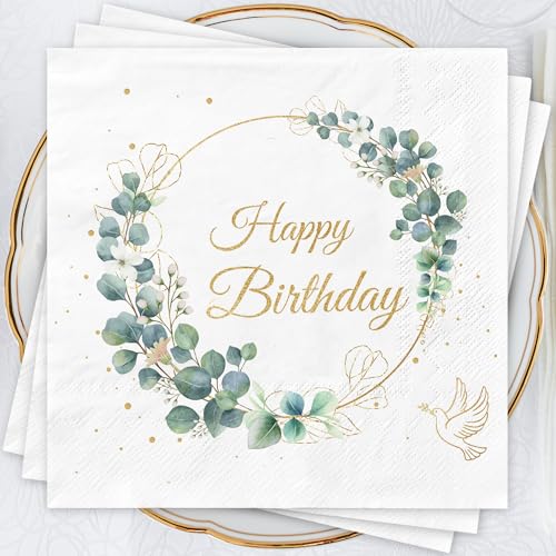 AFYHH Geburtstags Servietten Geburtstags Tischdeko - 3-Lagige Happy Birthday Servietten Schön Dass Du Da Bist Servietten Eucalyptus Grün Servietten Taufe Frau Mann Geburtstags Deko (80 Stück) von AFYHH