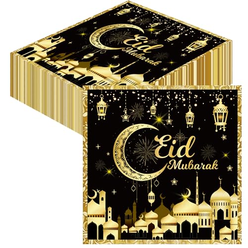 AFYHH Servietten Eid-Mubarak Ramadan Deko - 80Stück Servietten Schwarz Gold 33x33cm Eid Mubarak Dekoration Stern Mond Zubehör Ramadan Papierservietten Serviette Napkins von AFYHH