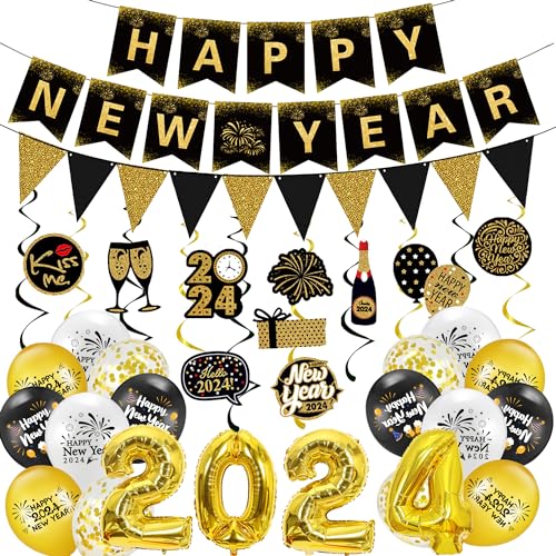 AFYHH Silvester Deko 2024 Silvester Dekoration Happy New Year Girlande Banner Folienballons Neujahr Hängende Dekorationen Neujahr Silvesterdeko Neujahrsdeko Accessoire für Silvesterparty von AFYHH