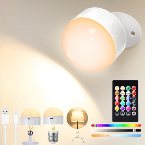 AHJ LED Wandleuchte Innen mit Akku Kabellose Wandlampe Nachttischlampe, 3 Helligkeitsstufen, 21 RGB-Farben, 360° drehbare,Touch Control und Fernb von AHJ