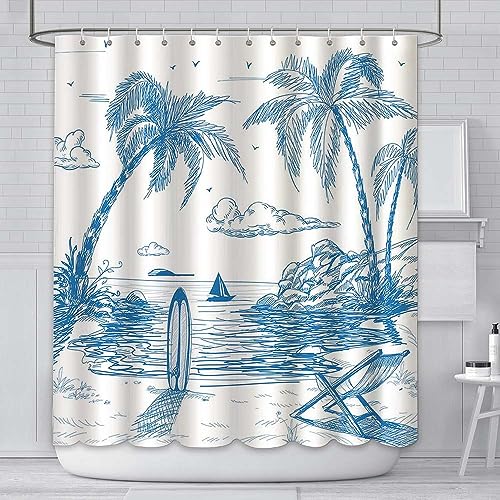 AIBIIN 180 x 180 cm Surf-Duschvorhang, Retro-Surfbrett, tropisches Palmen-Thema, Lounge, Sommer, Strand, Stuhl, Polyestergewebe, Heimdekoration mit 12 Haken von AIBIIN