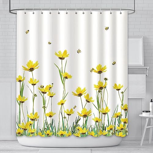 AIBIIN 180 x 180 cm mit Frühlingsblumen Duschvorhang, Biene, Sommervorhang, gelbe Gerbera, Pollen, Kunstdruck, Polyester, wasserdichtes Material, Badewannensets mit 12 Haken von AIBIIN