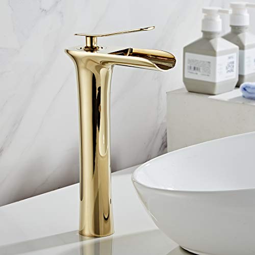 AIMADI Wasserhahn Bad Wasserfall Waschtischarmatur Hoch Badarmatur aufsatzwaschbecken Armatur Badezimmer Golden von AIMADI