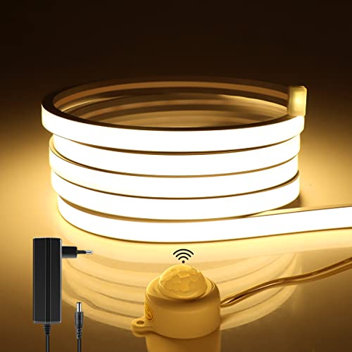 AIMENGTE 24V Neon LED Streifen,Wasserdicht COB LED Strip mit Bewegungsmelder,320LED/M Silikon DIY Flexibel Led Lichtleiste für Innen Aussenbereich Heim Küche Deko (2M, Warmesweiß) von AIMENGTE