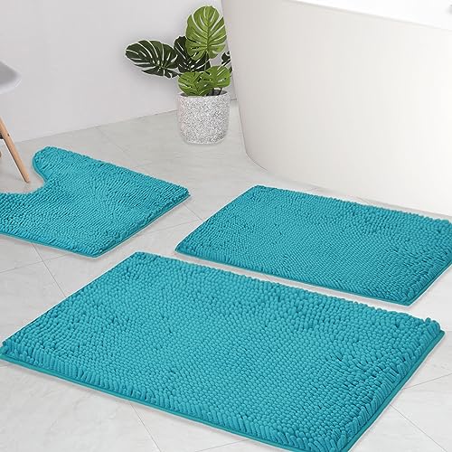 AINAHYVA Badezimmerteppiche, Chenille-Badematte, 3-teiliges Set, super saugfähig, starke PVC, rutschfeste Unterseite, Badematten für Badezimmer, Plüsch, Shaggy, dick, maschinenwaschbar, WC, Hellblau von AINAHYVA