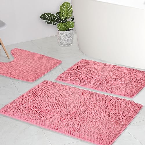 AINAHYVA Badezimmerteppiche, Chenille-Badematte, 3-teiliges Set, super saugfähig, starke PVC-rutschfeste Unterseite, Badematten für Badezimmer, Plüsch, zottelig, dick, maschinenwaschbar, Badewanne, von AINAHYVA