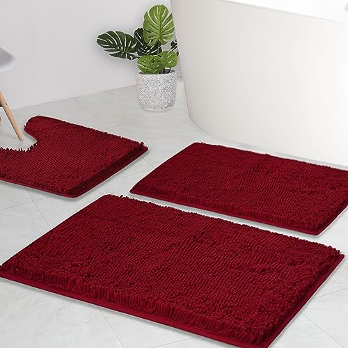 AINAHYVA Badezimmerteppiche Chenille Badematte 3-teiliges Set, Super Absorbent, Starke PVC rutschfeste Unterseite, Badteppich, Plüsch Shaggy, Dick, Maschinenwaschbar, für Badewanne, WC, Burgunderrot von AINAHYVA