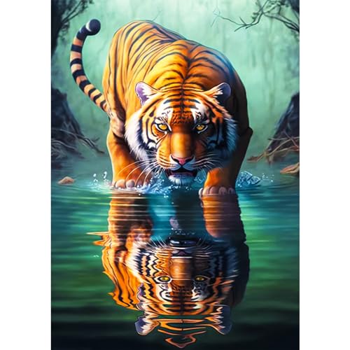 AIRDEA 5D Tiger Wasserreflexion Diamond Painting Erwachsene Kits, DIY Diamond Painting Bilder, Mosaikherstellung Malen Nach Zahlen, Full Drill Cross Stickerei Malerei Kits für Home Wand Décor 30x40cm von AIRDEA